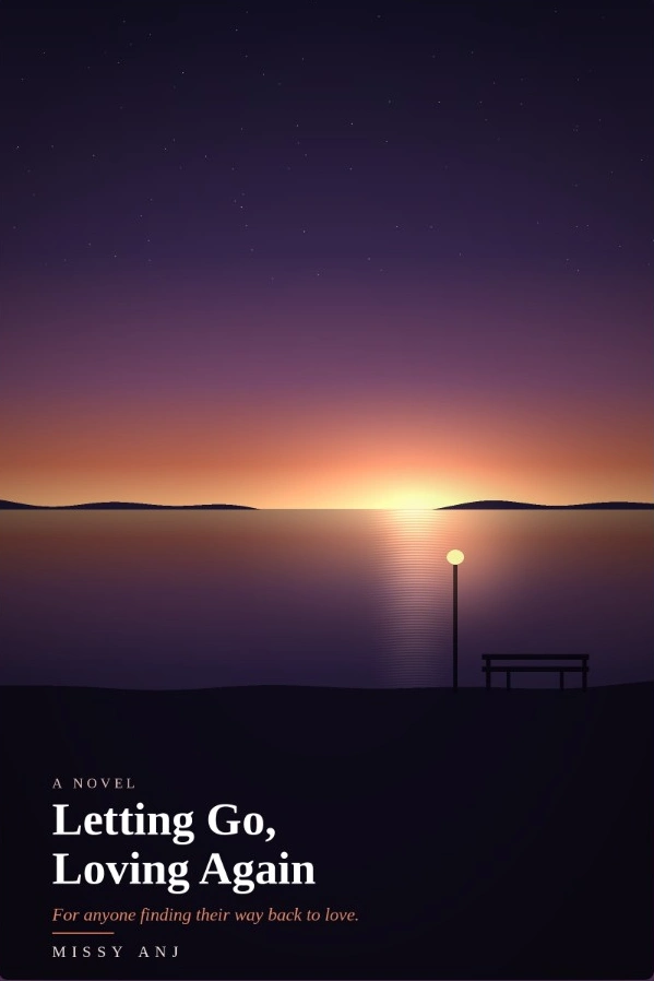 Letting Go, Loving Again by Missy ANJ, with a sunset over still water on the cover